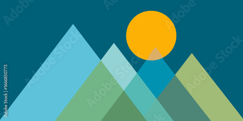 Minimalist geometric mountain landscape with layered, translucent peaks and a vibrant orange sun.