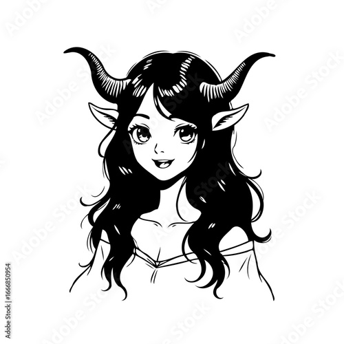 Enchanting manga style illustration of a fantastical horned girl with ethereal beauty and