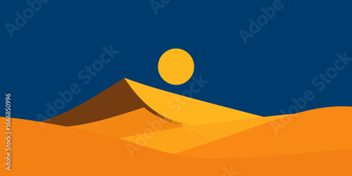 Minimalist desert landscape with golden sand dunes and a bright sun under a deep blue sky.