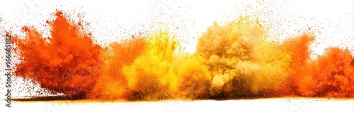 Explosive bursts of orange and yellow powder against a white background