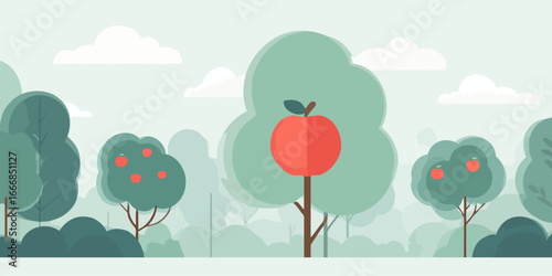 Flat design vector illustration of a whimsical apple orchard with a surreal, oversized red apple.