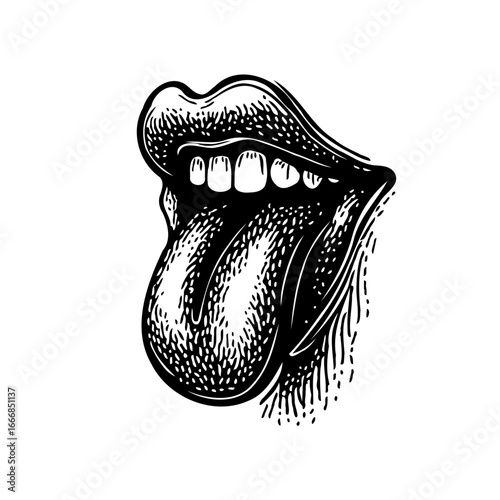Engraved monochrome illustration of a mouth with extended tongue displaying bold expression of