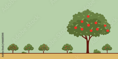 A stylized apple orchard with a large tree and smaller trees bearing ripe red fruit.