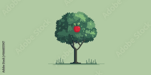 Flat design illustration of a lush green apple tree with a single, prominent red fruit.
