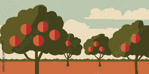 Flat design illustration of a retro apple orchard with stylized green trees and large, ripe red fruits.