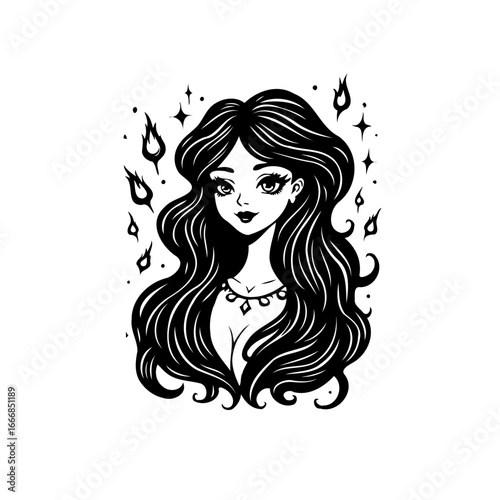 Enigmatic beauty with flowing tresses a bewitching woman illustration amidst ethereal sparks and