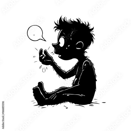 Enigmatic monochrome character contemplates existence with expressive gestures and accompanying