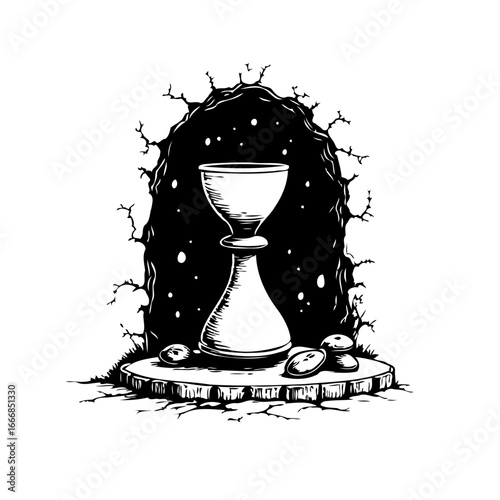 Enigmatic monochrome hourglass illustration evokes themes of time, mystery, and the ethereal