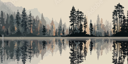 Serene vector illustration of a misty pine forest and mountains reflected in a calm lake.