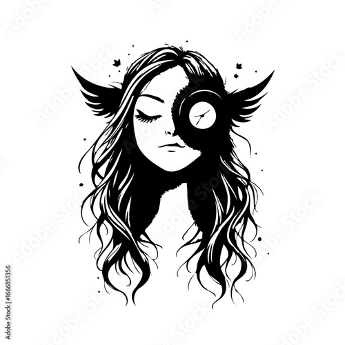 Enigmatic portrait of woman with wings time concept creative composition black white theme graphic