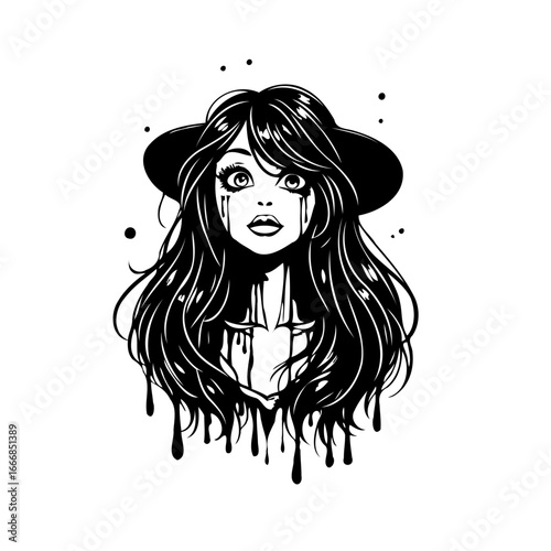 Enigmatic sorrowful figure adorned with hat long flowing locks artful graphic illustration beauty