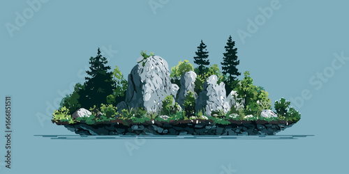 A serene floating island illustration with large grey rocks, lush green trees, and dense foliage.