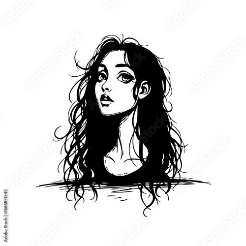 Ethereal gaze of a woman illustration in striking black and white with expressive flowing hair and