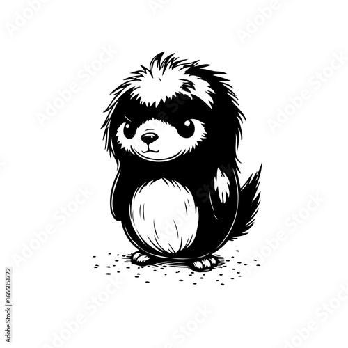 Expressive cartoon skunk with intriguing gaze rendered in monochromatic design a charming