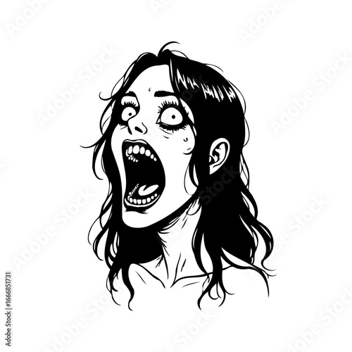 Expressive illustration of a screaming woman with exaggerated features against a clean white