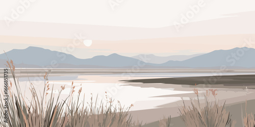 Minimalist vector illustration of a tranquil lakeside landscape with distant mountains and reeds at sunrise.