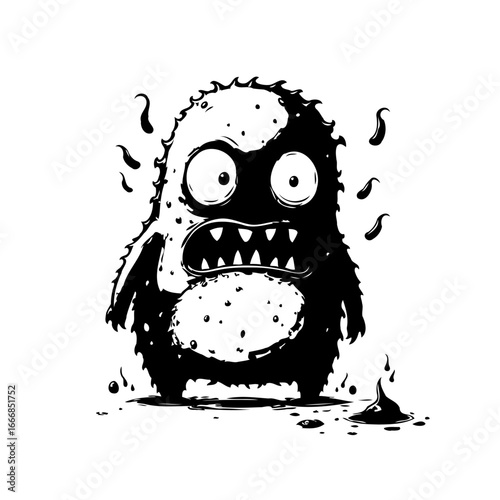 Expressive cartoon monster with distressed expression showcasing bold line art and unique textured