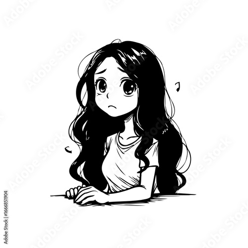 Expressive manga style illustration of a girl with a wistful gaze and flowing hair black and white