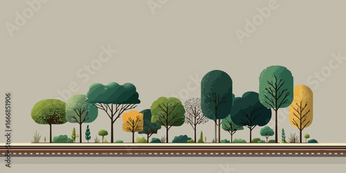 A stylized, flat design illustration of a diverse treeline with green and yellow trees growing alongside a railway track.