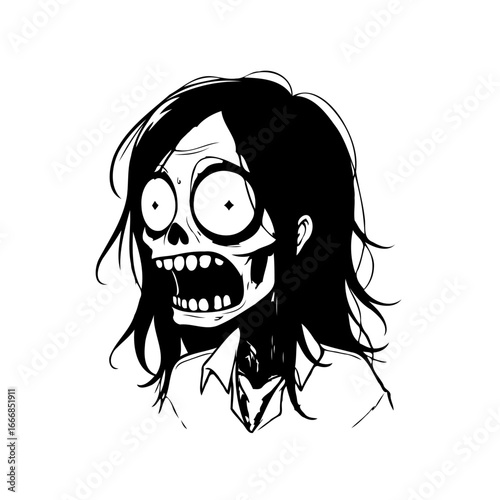 Expressive monochromatic undead portrait with exaggerated features illustration displaying a bold