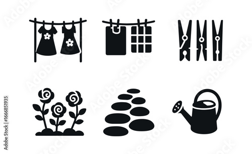 vector solid black filled icons washing line outdoors (cottage garden): floral dresses checkered towels colored pegs rose bushes stone path watering can.