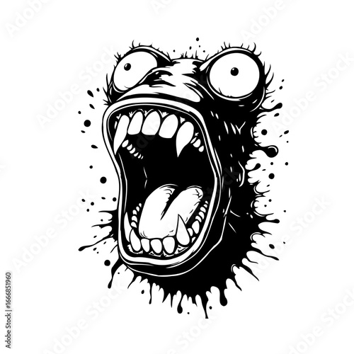 Expressive monochrome cartoon creature with large eyes sharp teeth and splash details conveys