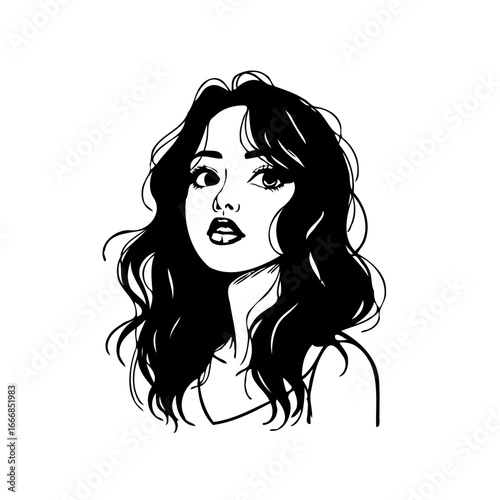 Expressive monochrome portrait capturing a young woman's beauty with striking eyes and flowing