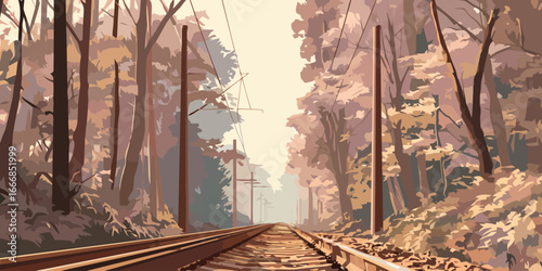 Stylized railway tracks receding through a dense, autumnal forest with overhead power lines.