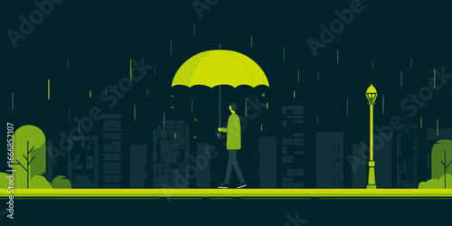 A person in a green coat walking under a bright yellow umbrella in a minimalist flat vector style.