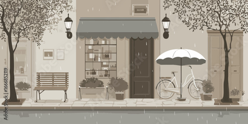 Quiet, rainy European street scene illustration with a bicycle under an umbrella.