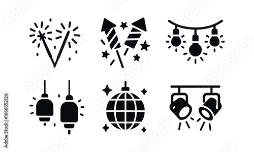 vector solid black filled icons flicker (festive): sparklers fireworks string lights glowing lanterns disco ball stage lights.