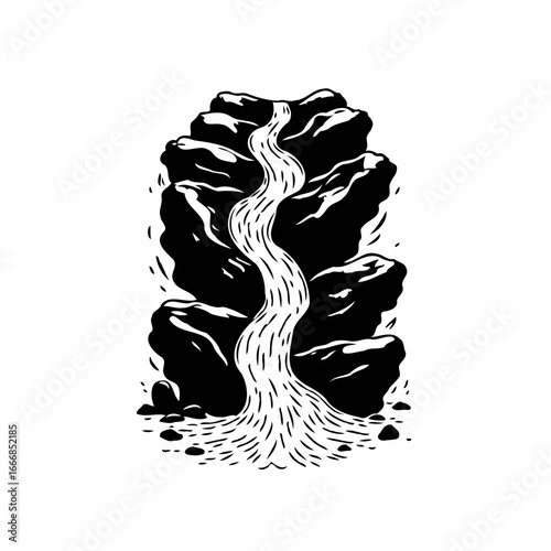 Flowing stream cascading rugged black rocks simple monochrome graphic landscape illustration