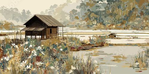 Illustrative painting of a rustic wooden stilt house by a tranquil, flowering pond in a rural landscape.