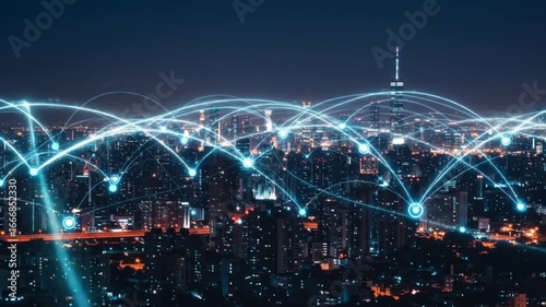 Dynamic city skyline at night with glowing connections showing digital network and data transfer