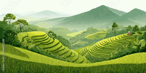 Lush green rice terraces cascading down hills in a serene Asian mountain valley illustration.