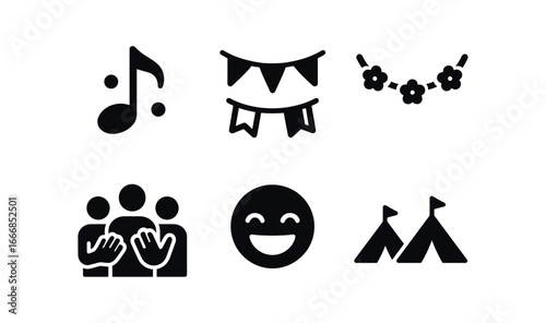 vector solid black filled icons rope juggling (festival): music colorful flags decorated ropes crowd clapping laughter tents.