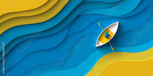 Aerial view of a lone figure rowing a white boat on a stylized blue river, paper cutout illustration style.