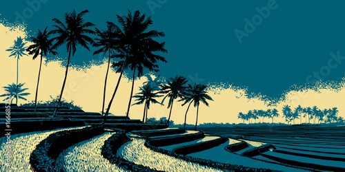 Stylized tropical landscape featuring terraced rice paddies and silhouetted palm trees.