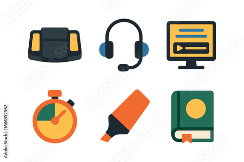 vector colorful flat filled icons transcriber (tools): foot pedal headset transcription software timer highlighter reference book.