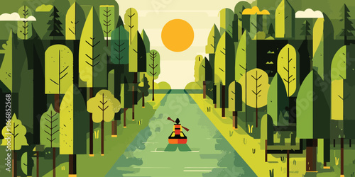 Stylized vector illustration of a person canoeing down a tranquil river through a lush, green forest.