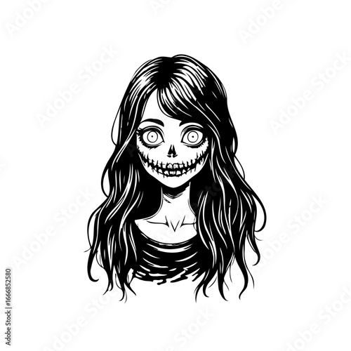 Hauntingly beautiful monochromatic illustration showcases a female figure with a skull-like face