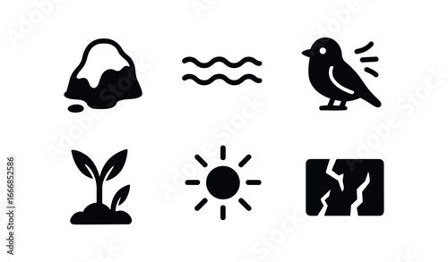 vector solid black filled icons pingo (spring): melting ice mound shallow water green shoots bird calls bright air thawing ground.