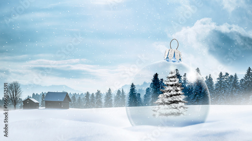 Weihnachtliche Stimmung mit einer Gläsernen Weihnachtskugel im Schnee