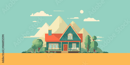 Flat design country house with teal siding, an orange gabled roof, and a welcoming front porch.