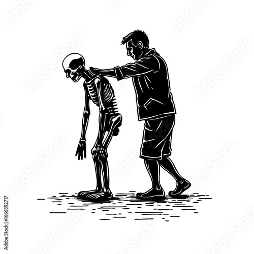Humanity facing mortality a man offers comfort to a skeleton representing death and fragility a