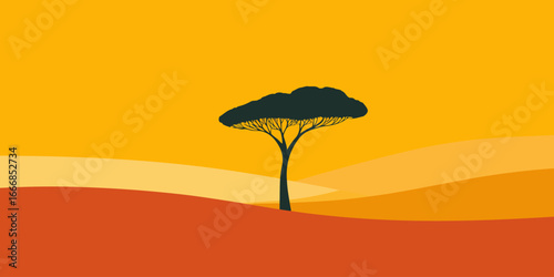 Dark silhouette of a solitary African acacia tree with a flat, umbrella-shaped canopy and intricate branches.