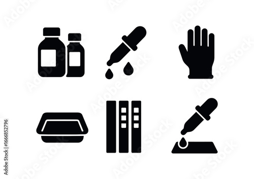 vector solid black filled icons ink technician (tools): ink bottles pipettes droppers gloves trays test strips.
