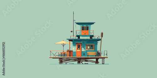 Stylized teal and orange lifeguard tower on stilts with a deck and umbrella.