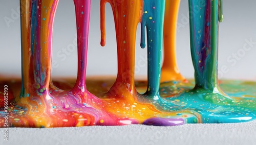 Dripping, vibrant paint flows in a multicolored array