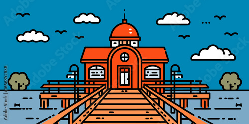 Bold line art illustration of an orange pier house with a domed roof, viewed from a wooden boardwalk.